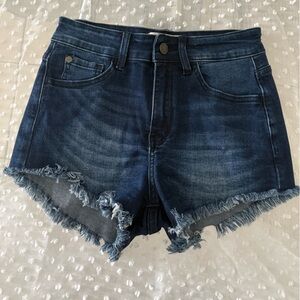 Nature Denim Frayed Hem Mid-Rise Dark Blue Denim Shorts Size S